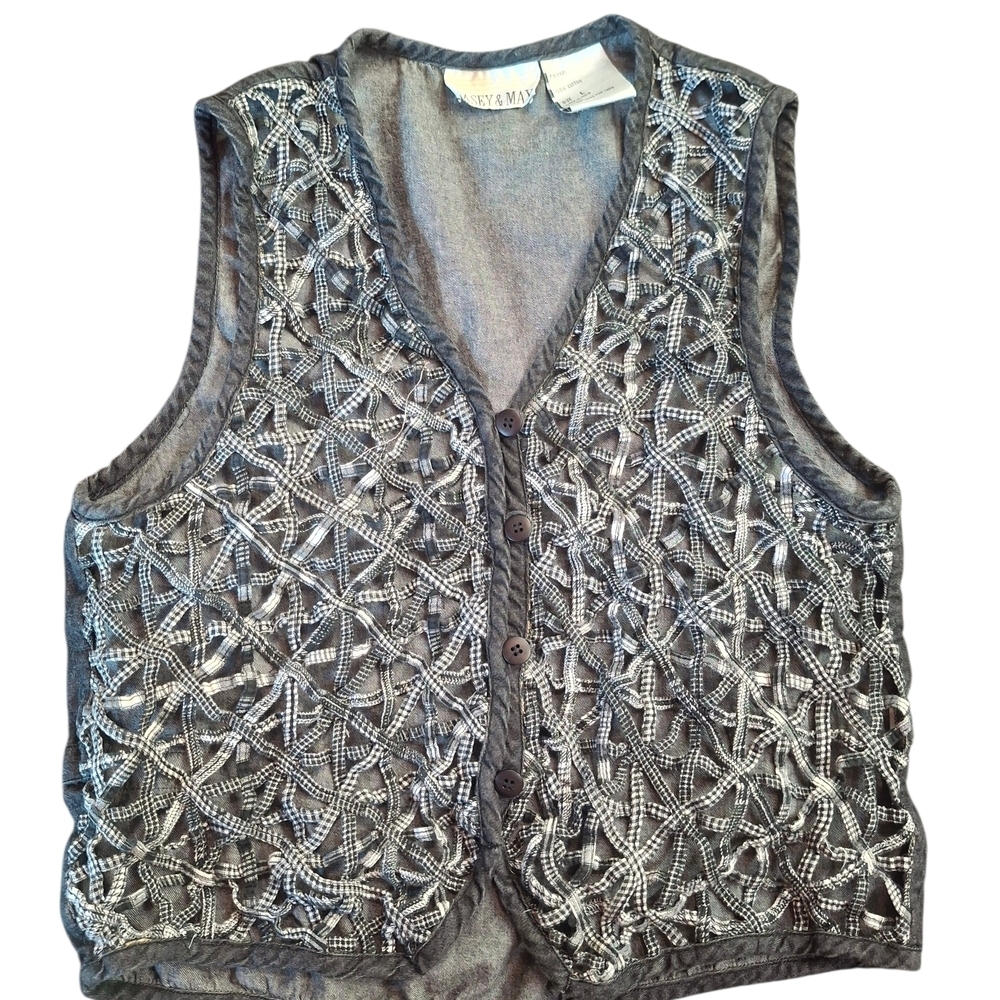 Vintage Distressed Denim Grey and White Embroidered Vest Size L - Picture 2 of 6